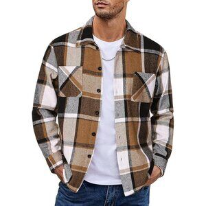 Men's Khaki Gray Flannel Shirts Casual Button Down Plaid Shirt with Pockets
